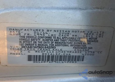 2016 Nissan Sentra S z USA, uszkodzony, nr VIN 3N1AB7AP9GL642283